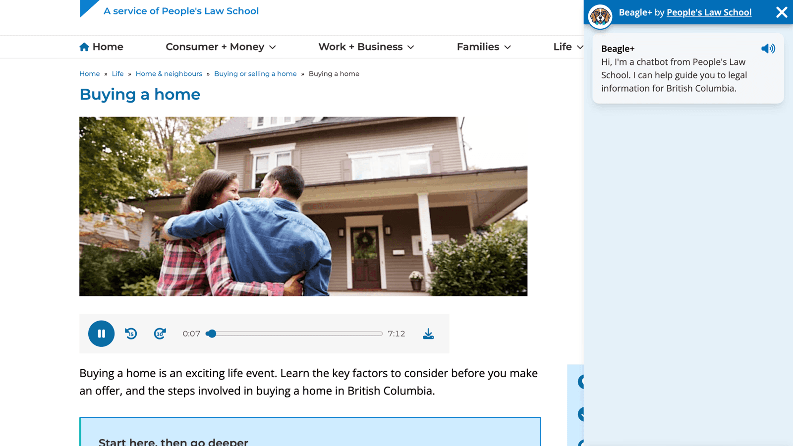 Screenshot of the Dial-A-Law “Buying a home” page with its audio player playing, next to the Beagle+ chatbot with a speaker button on its greeting